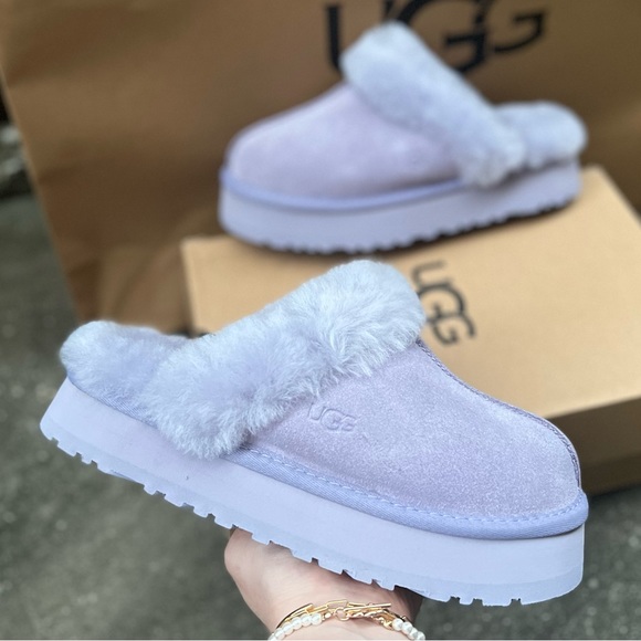 UGG Disquette Platform Sheepskin Suede Fur Lilac Lavender Slip On Shoe Sz 8 NEW - Picture 2 of 16